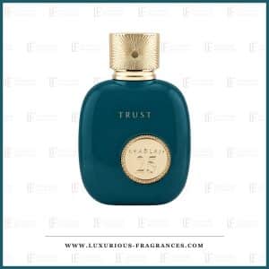 Flacon bleu canard de 25 Trust de Khadlaj, eau de parfum mixte 100 ml a medaillon dore