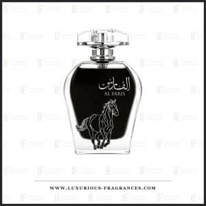 Schwarz-silberner Flakon mit dem galoppierenden Pferd von Al Faris d’Arabiyat Prestige, Eau de Parfum für Damen und Herren, 100 ml