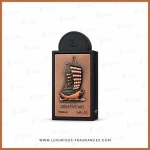 Flacon Creative Art de Lattafa Pride, eau de parfum mixte 100 ml noir mat &agrave; plaque cuivr&eacute;e orn&eacute;e d'un voilier en relief