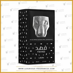 Coffret Fahad Lattafa eau de parfum 80 ml boite noire motifs argentes tete de fauve
