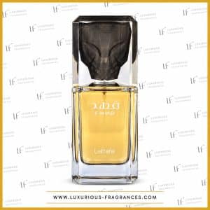 Flacon Fahad Lattafa eau de parfum masculine 80 ml verre transparent bouchon tete de fauve