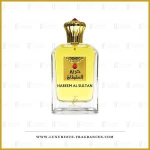 Transparenter Flakon mit dem goldfarbenen Duft „Hareem Al Sultan“ von Khadlaj, Eau de Parfum für Damen, 75 ml