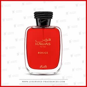 Flakon von „Hawas For Her Rouge“ von Rasasi, Eau de Parfum für Damen, 100 ml, lackrot mit goldfarbener Beschriftung