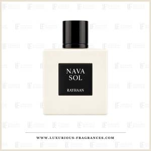 Hvid, kubisk flakon med »Crème de Nava Sol« fra Rayhaan Perfumes, unisex-eau de parfum, 100 ml