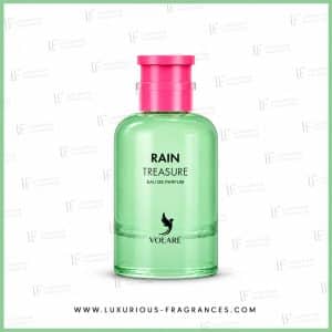 Flakon „Rain Treasure“ von Volare, Eau de Parfum für Damen und Herren, 100 ml, mandelgrünes Glas und rosa Verschluss