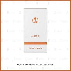 Geschenkset „Amber 01“ von Swiss Arabian, weiße Schachtel mit kupferorangefarbenem Aufdruck, Eau de Parfum 50 ml