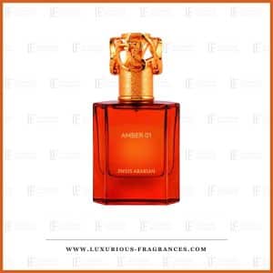 Flakon „Amber 01“ von Swiss Arabian, Eau de Parfum 50 ml, rot-orangefarbenes Glas und vergoldeter Kronverschluss