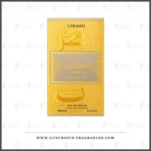 Coffret Ashaab Caramel de Mamlakat Al Oud, etui or a calligraphie arabe en relief, eau de parfum 100 ml