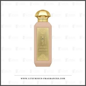 Flacon Ashaab Caramel de Mamlakat Al Oud, eau de parfum 100 ml, verre beige rose a plaque doree et cabochon dore