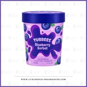 Fľaštička s parfumom Blueberry Sorbet od Tubbees, valcovité balenie v lila farbe s indigovo modrým viečkom