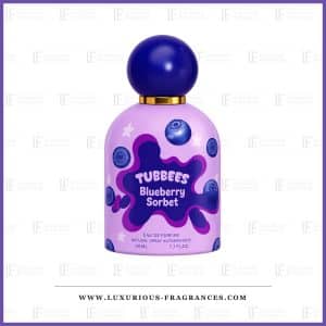 Fľaštička parfému Blueberry Sorbet od Tubbees, unisexová toaletná voda 50 ml, fialová fľaštička s indigovo modrým guľatým viečkom