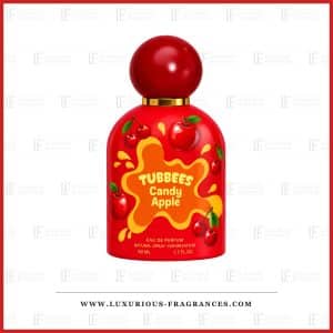 Fľaštička parfumu Candy Apple od Tubbees, unisexová parfémová voda 50 ml, červená fľaštička s tmavočerveným guľatým viečkom