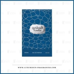 Coffret du parfum Fondue Lava Lush d'Arabiyat Prestige, etui bleu petrole a reseau de craquelures argentees