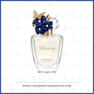 „Maison Asrar“ kvepalų „Harmony“ buteliukas, unisex kvepalų vanduo, 100 ml, bespalvis stiklas ir tamsiai mėlynas gėlių motyvuotas kamštelis