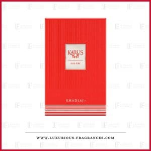Coffret du parfum Karus Oud Fire de Khadlaj, etui rouge a rayures verticales et etiquette blanche
