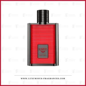 Flacon de parfum Karus Oud Fire de Khadlaj, eau de parfum mixte 100 ml, facade rouge nervuree et cadre metallique anthracite