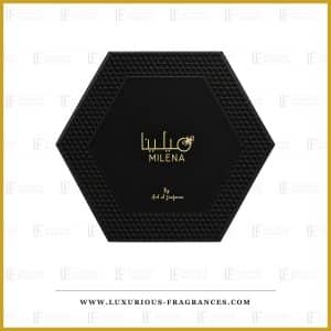 Coffret du parfum Milena d'Ard Al Zaafaran, etui hexagonal noir texture nid d abeille