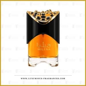 Flacon de parfum Milena d'Ard Al Zaafaran, eau de parfum feminine 100 ml, jus ambre orange, capot noir et couronne doree ajouree