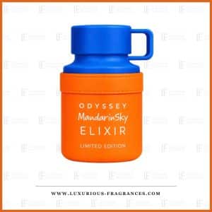 Flakon „Odyssey Mandarin Sky Elixir“ von Armaf, Eau de Parfum für Damen und Herren, 100 ml, in einem orange- und königsblauen Flakon