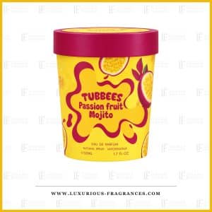 Duftglas „Passion Fruit Mojito“ von Tubbees, gelbe, zylindrische Verpackung mit burgunderrotem Deckel