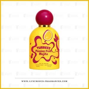 Parfümflakon „Passion Fruit Mojito“ von Tubbees, Unisex-Eau de Parfum, 50 ml, gelber Flakon mit burgunderrotem, kugelförmigem Verschluss