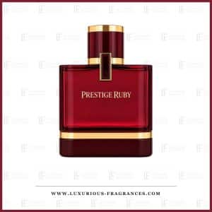Flakon „Prestige Ruby“ von Al Majed Oud, Eau de Parfum 100 ml, durchscheinendes rubinrotes Glas mit goldenen Bändern