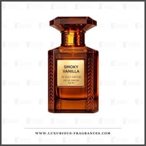 Flakon „Smoky Vanilla“ von Gulf Orchid, Eau de Parfum, 100 ml, cognacfarbener Würfel aus Bernstein mit vergoldeter Plakette