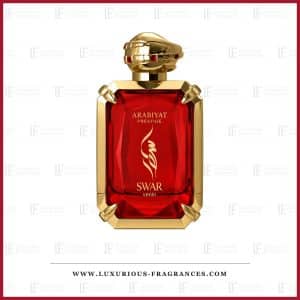 Flacon de parfum Swar Venin d'Arabiyat Prestige, eau de parfum feminine 100 ml, verre rouge rubis et bouchon tete de serpent doree