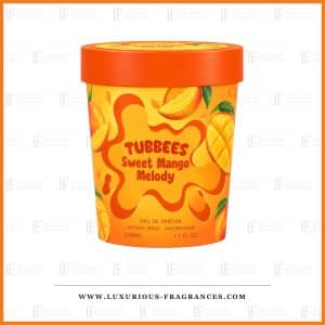 Frasco do perfume Sweet Mango Melody da Tubbees, embalagem cilíndrica laranja com tampa laranja vivo
