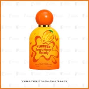 Frasco de perfume Sweet Mango Melody da Tubbees, água de perfume unissexo de 50 ml, frasco laranja com tampa esférica laranja vivo