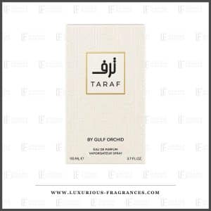 Coffret Taraf de Gulf Orchid, etui ivoire a calligraphie arabe gaufree et cadre dore, eau de parfum 110 ml