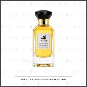 Flacon Taraf de Gulf Orchid, eau de parfum 110 ml, verre transparent jus jaune dore et capot noir facette