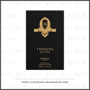Coffret Throne Eclipse de Maison Asrar, etui noir chevron a embleme dore au monogramme A, eau de parfum 100 ml