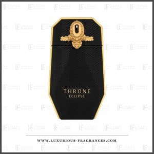 Flacon Throne Eclipse de Maison Asrar, eau de parfum 100 ml, flacon octogonal noir a relief chevron et embleme dore