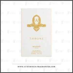 Coffret Throne de Maison Asrar, etui blanc a embleme dore au monogramme A, eau de parfum 100 ml