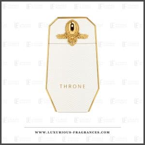 Flacon Throne de Maison Asrar, eau de parfum 100 ml, flacon octogonal blanc a relief chevron et embleme dore