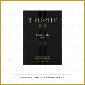 Coffret du parfum Trophy de Maison Asrar, etui noir mat a lettres dorees
