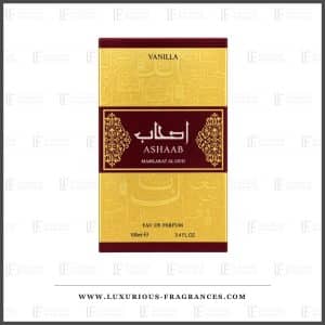 Coffret Vanilla Ashaab de Mamlakat Al Oud, etui or a bandeau bordeaux et dorures, eau de parfum 100 ml