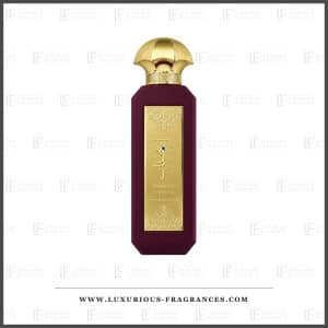Flacon Vanilla Ashaab de Mamlakat Al Oud, eau de parfum 100 ml, verre laque bordeaux a plaque doree gravee