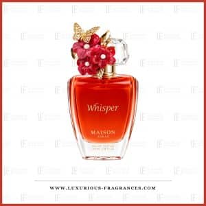 „Maison Asrar“ kvepalų „Whisper“ buteliukas, unisex kvepalų vanduo, 100 ml, raudonai oranžinis skystis ir gėlių motyvuotas kamštelis su auksiniais drugeliais