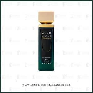Parfümflakon „Wild Colt Tobacco“ von Assaf, Eau de Parfum für Damen und Herren, rechteckiger, dunkelgrüner Flakon mit sandbeigem Verschluss